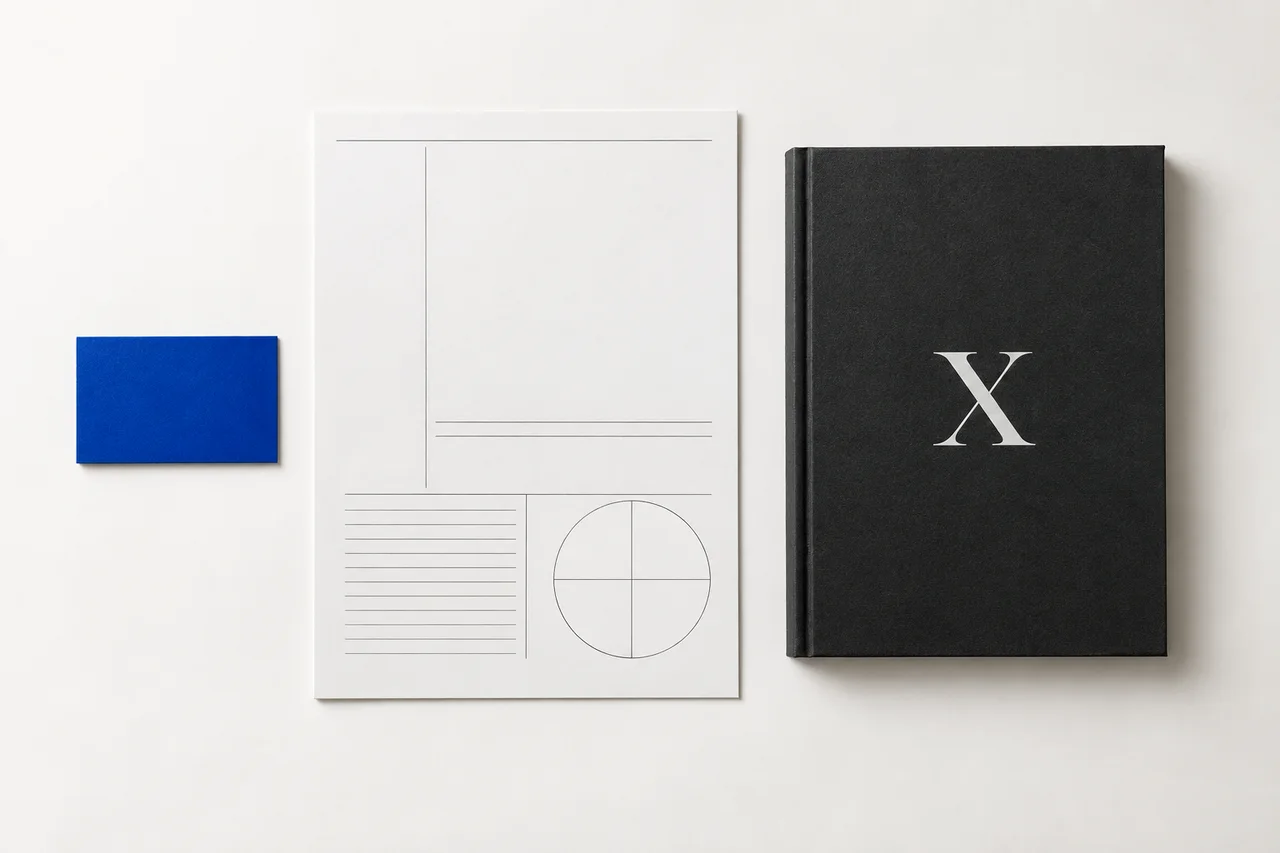 Original concept: cobalt and charcoal CreatX stationery and brand book