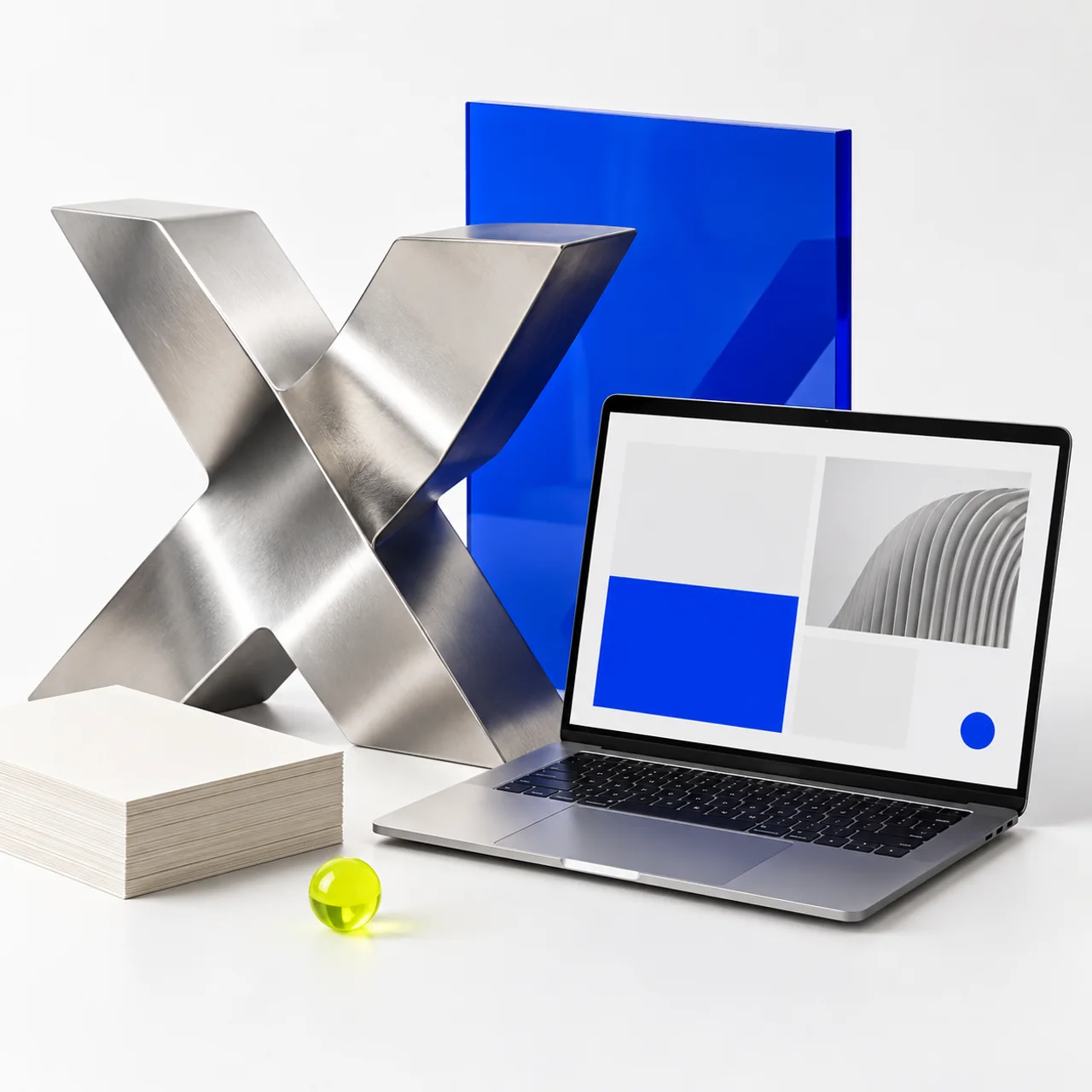 Original creative technology composition with a sculptural silver X, blue acrylic, laptop, and publishing materials